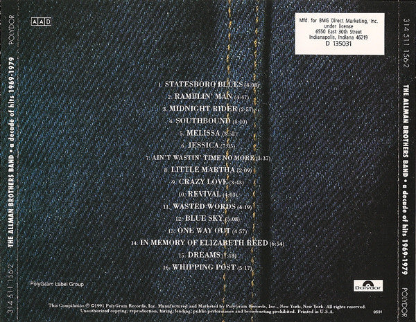 The Allman Brothers Band : A Decade Of Hits 1969-1979 (CD, Comp, Club, RE)