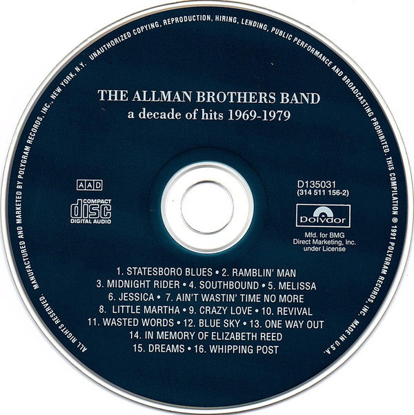 The Allman Brothers Band : A Decade Of Hits 1969-1979 (CD, Comp, Club, RE)