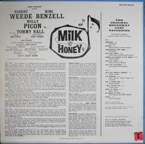 Robert Weede, Mimi Benzell, Molly Picon Also Starring Tommy Rall : Milk And Honey - The Original Broadway Cast Recording (LP, Album, Mono, RE)