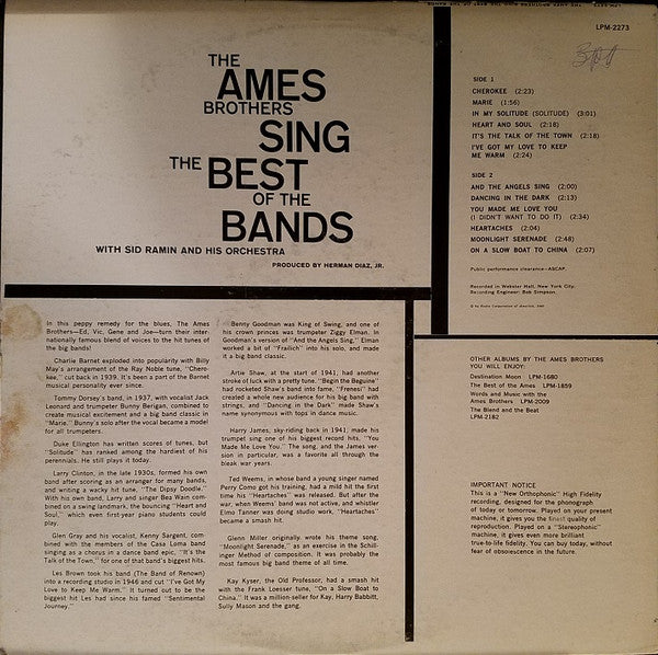 The Ames Brothers : Sing The Best Of The Bands (LP, Mono)