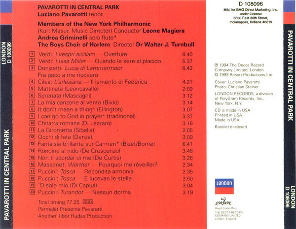 Luciano Pavarotti : Pavarotti In Central Park (CD, Club)