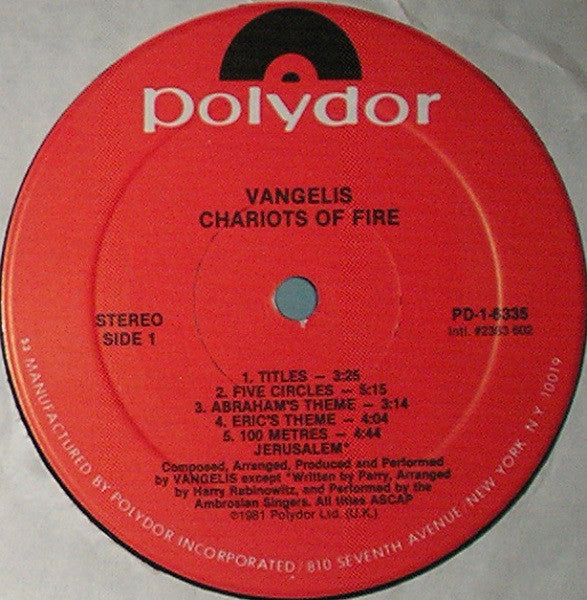 Vangelis : Chariots Of Fire (LP, Album, 53 )