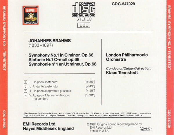 Brahms*, Klaus Tennstedt, London Philharmonic Orchestra : Symphony No. 1 In C Minor (CD, Album)