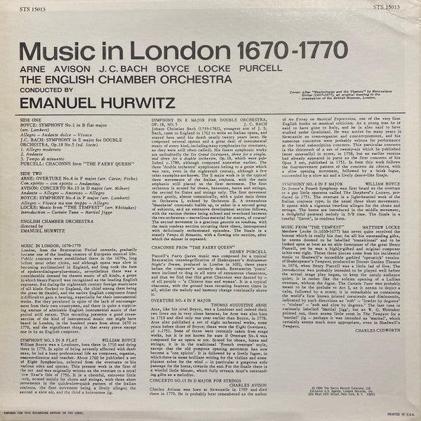 Arne* / Avison* / J.C. Bach* / Boyce* / Locke* / Purcell* – English Chamber Orchestra, Hurwitz* : Music In London 1670-1770 (LP, Album, RE)