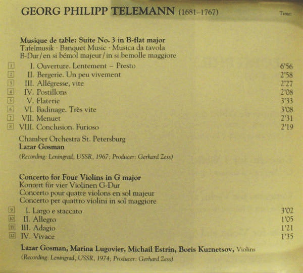 Telemann*, Chamber Orchestra Of St. Petersburg Philharmony*, St. Petersburg Chamber Orchestra*, Lazar Gosman, Lev Shinder* : Banquet Music, Violin Concerto In B Major, Orchestral Suite In A Major (CD, Comp, RM)