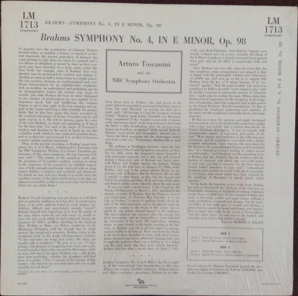 Brahms* - Toscanini* And The NBC Symphony Orchestra : Symphony No. 4, In E Minor, Op. 98 (LP, Album, Mono, RP)