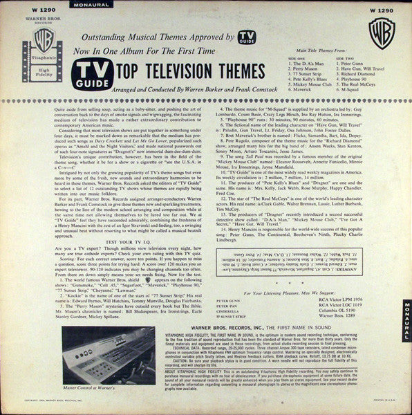 Warren Barker And Frank Comstock : TV Guide Top Television Themes (LP, Album, Mono)