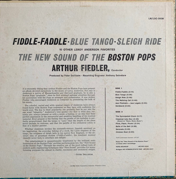 Boston Pops*, Arthur Fiedler : Fiddle-Faddle • Blue Tango • Sleigh Ride (10 Other Leroy Anderson Favorites) (LP, Album, Mono)