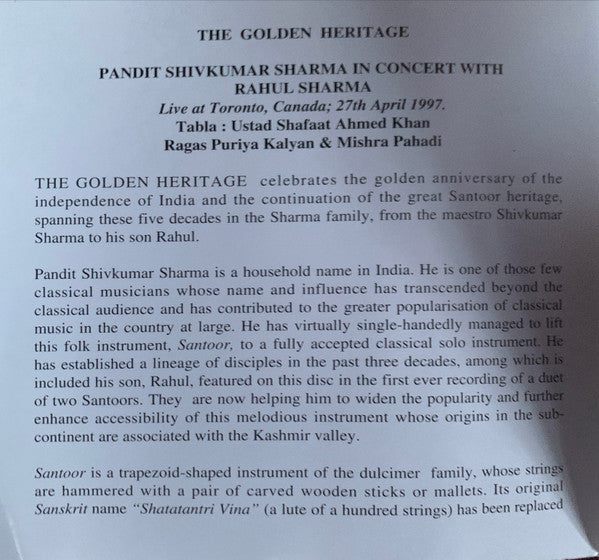 Pandit Shiv Kumar Sharma with Rahul Sharma (2) : The Golden Heritage (CD, Album)