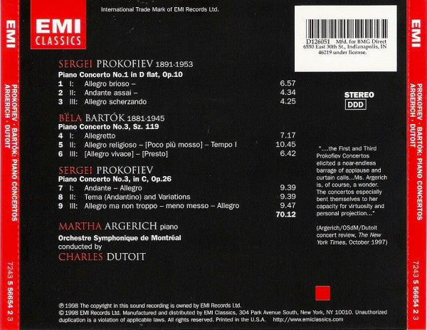 Prokofiev*, Bartók*, Martha Argerich, Charles Dutoit, Orchestre Symphonique De Montréal : Piano Concertos Nos.1 & 3 / Piano Concerto No.3 (CD, Album, Club)