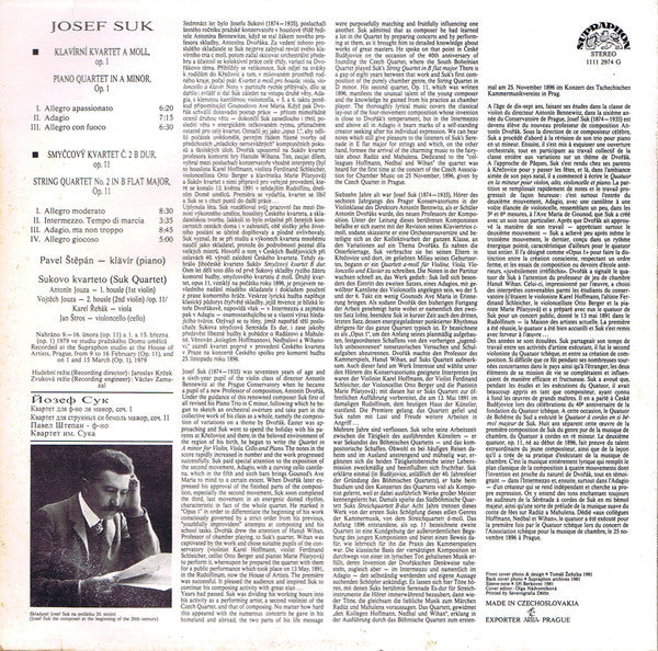 Josef Suk (2), Suk Quartet : Piano Quartet / String Quartet No. 2 (LP, RP)