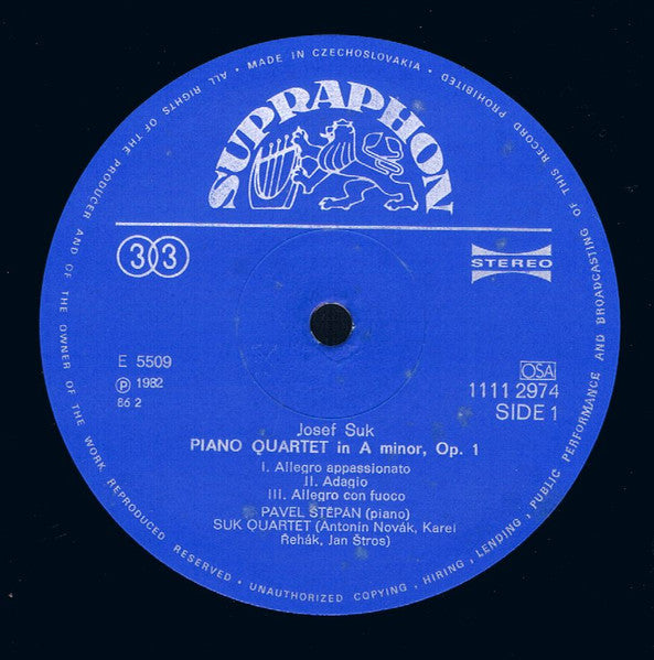 Josef Suk (2), Suk Quartet : Piano Quartet / String Quartet No. 2 (LP, RP)