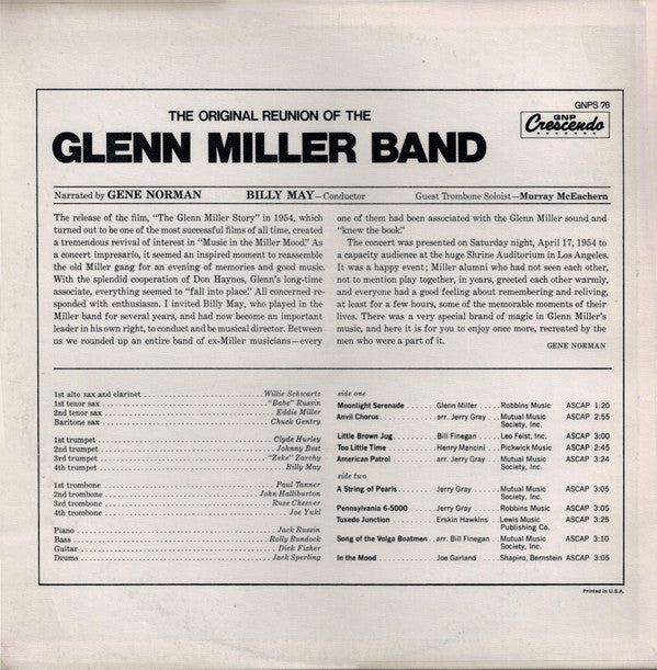 Glenn Miller Band* Conducted By Billy May : The Original Reunion Of The Glenn Miller Band - Recorded Live In Concert (LP, Album)