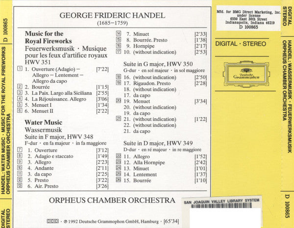 George Frideric Handel* - Orpheus Chamber Orchestra : Music For The Royal Fireworks HWV 351 / Water Music HWV 348 - 350 - 349 (CD, Album, Club)