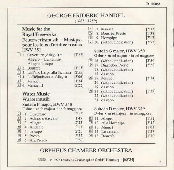 George Frideric Handel* - Orpheus Chamber Orchestra : Music For The Royal Fireworks HWV 351 / Water Music HWV 348 - 350 - 349 (CD, Album, Club)