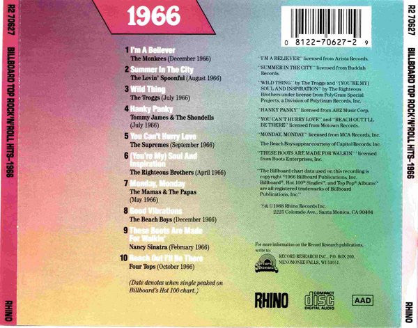 Various : Billboard Top Rock'N'Roll Hits - 1966 (CD, Comp)