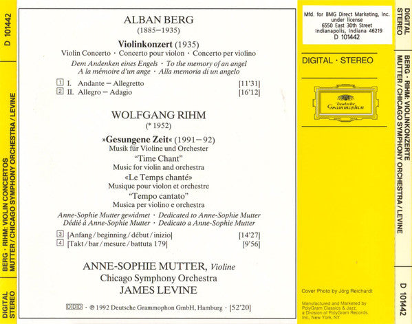 Berg* / Rihm*, Anne-Sophie Mutter, Chicago Symphony Orchestra • James Levine (2) : Violinkonzert = Violin Concerto / »Gesungene Zeit = Time Chant« (CD, Album, Club)