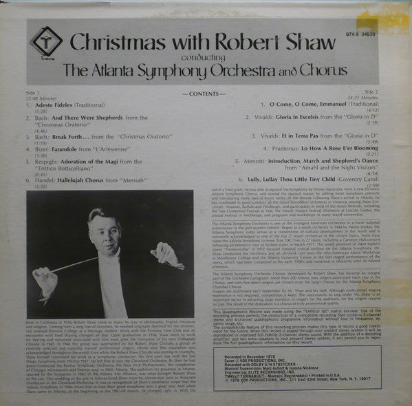 Robert Shaw Conducting The Atlanta Symphony Orchestra* And Chorus* : Christmas With Robert Shaw (LP, Quad)