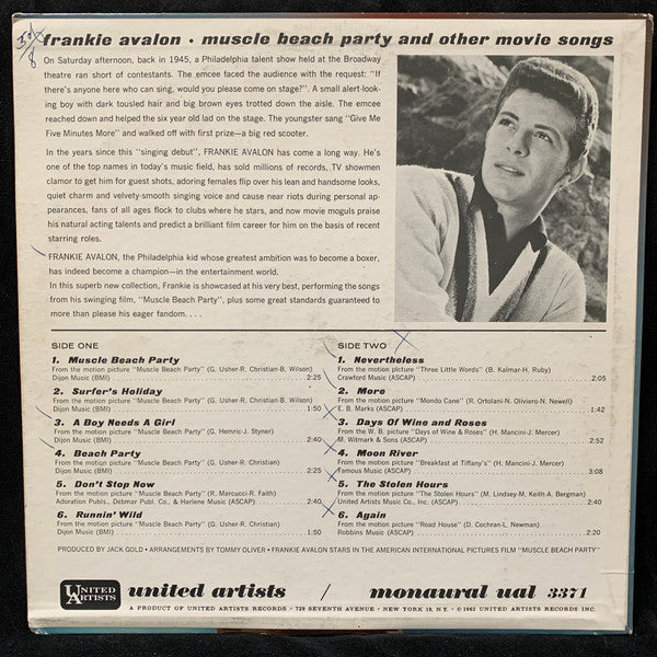 Frankie Avalon : Muscle Beach Party And Other Motion Picture Songs (LP, Album, Mono)