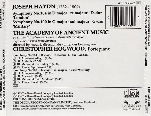 Joseph Haydn - The Academy Of Ancient Music, Christopher Hogwood : Symphony No. 104 'London' · Symphony No. 100 'Military' (CD, Album)