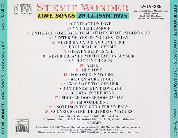 Stevie Wonder : Love Songs (20 Classic Hits) (CD, Comp, Club)