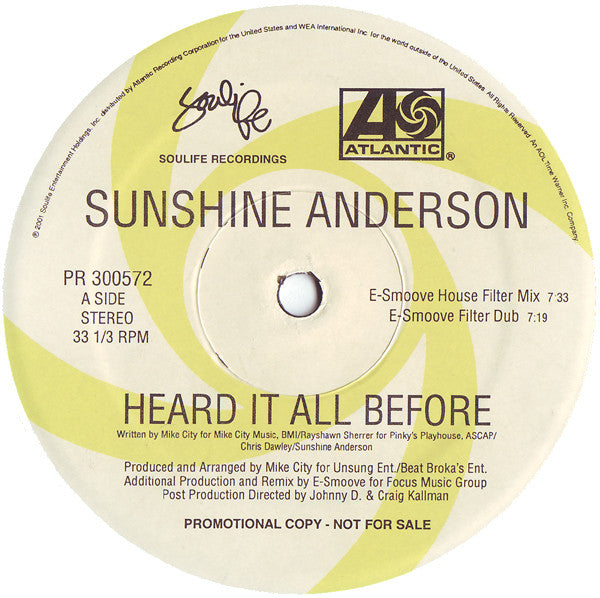 Sunshine Anderson : Heard It All Before (Dance Remixes) (12", Promo)