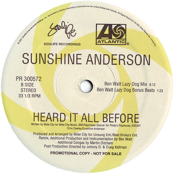 Sunshine Anderson : Heard It All Before (Dance Remixes) (12", Promo)
