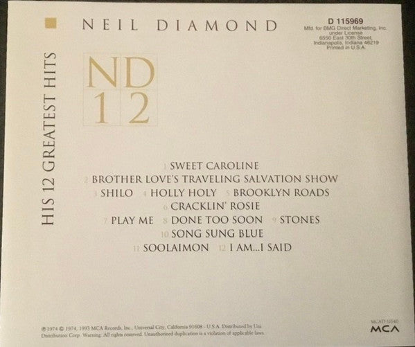 Neil Diamond : His 12 Greatest Hits (CD, Comp, Club, RE)