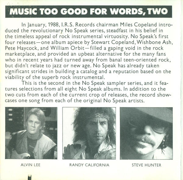 Various : Music Too Good For Words, Two (A No Speak Sampler) (CD, Comp, Smplr)