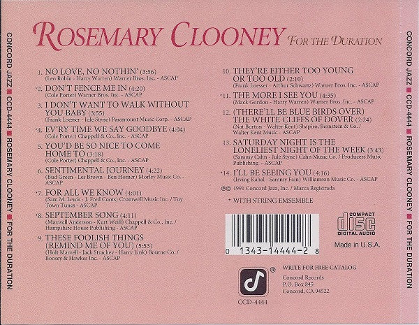 Rosemary Clooney : For The Duration (CD, Album)