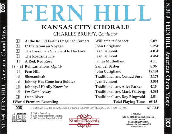 John Corigliano, Jean Belmont, Samuel Barber, Kansas City Chorale, Charles Bruffy : Fern Hill (American Choral Music) (CD, Club)