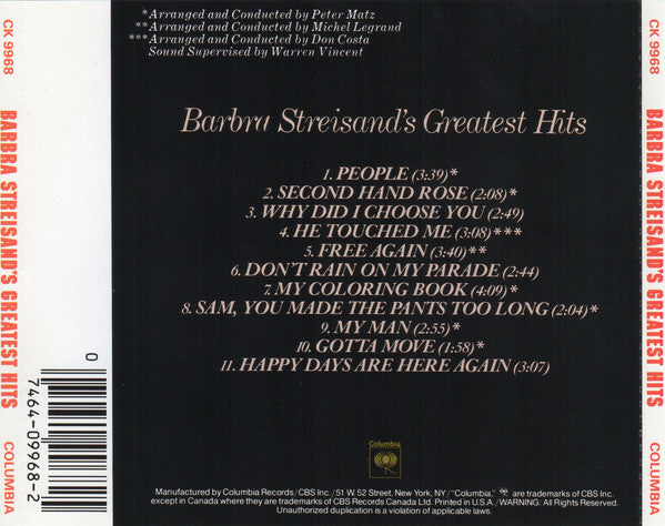 Barbra Streisand : Barbra Streisand's Greatest Hits (CD, Comp, RE, RM)