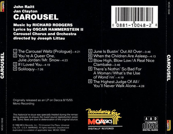 John Raitt - Jan Clayton - Jean Darling - Christine Johnson - Eric Mattson (2) - Murvyn Vye - Connie Baxter, Carousel Chorus And Orchestra : Carousel (Original Cast Album) (CD, Album)