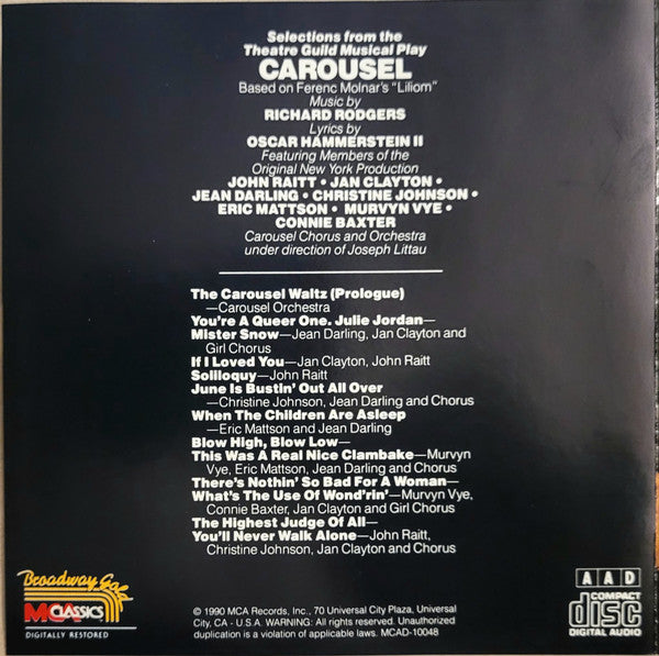 John Raitt - Jan Clayton - Jean Darling - Christine Johnson - Eric Mattson (2) - Murvyn Vye - Connie Baxter, Carousel Chorus And Orchestra : Carousel (Original Cast Album) (CD, Album)