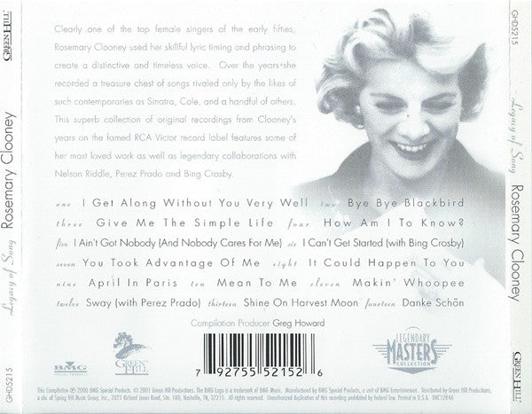 Rosemary Clooney : Legacy Of Song (CD, Comp)