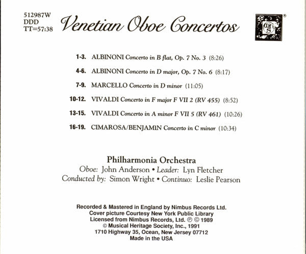 Philharmonia Orchestra, John Anderson (4), Lyn Fletcher, Simon Wright (6), Leslie Pearson : Venetian Oboe Concertos (CD, Album)