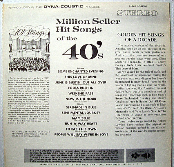 101 Strings : Million Seller Hit Song's Of The 40's (LP)