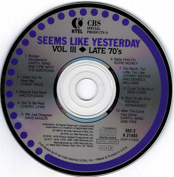 Various : Seems Like Yesterday Vol. III - Late 70's (CD, Comp)