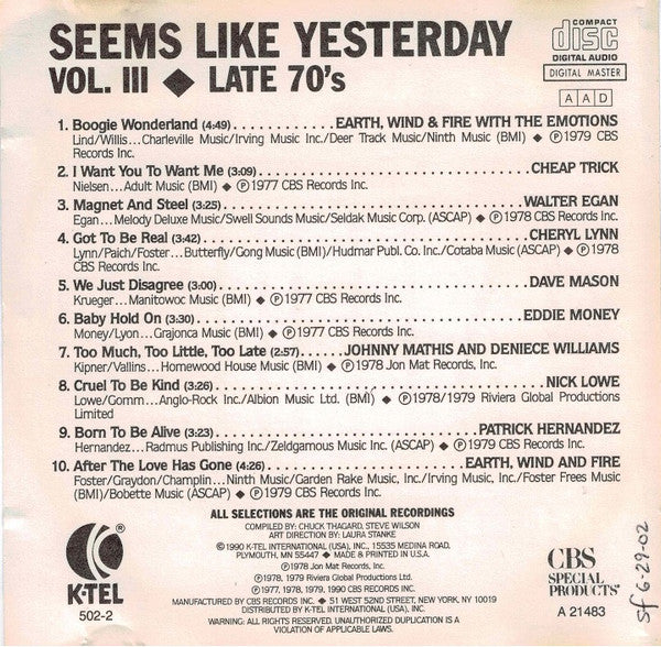 Various : Seems Like Yesterday Vol. III - Late 70's (CD, Comp)