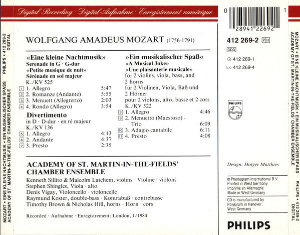 Mozart*, Academy Of St. Martin-in-the-Fields' Chamber Ensemble* : Eine Kleine Nachtmusik / Ein Musikalischer Spass / Divertimento KV 136 (CD, Album)