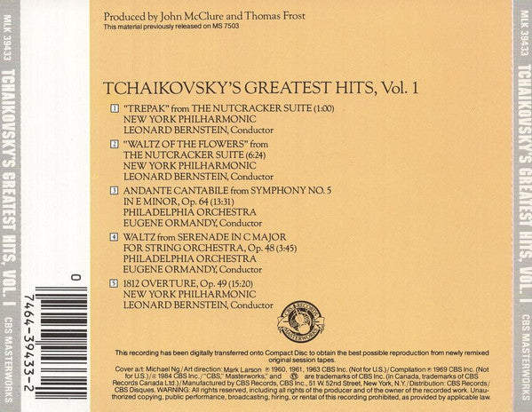 Bernstein* - New York Philharmonic, Ormandy* - Philadelphia Orchestra* : Tchaikovsky's Greatest's Hits, Vol. 1 (CD, Comp, RE)