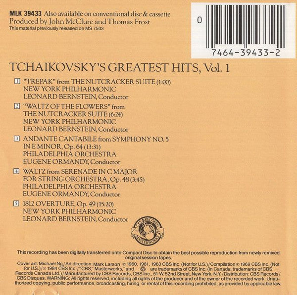 Bernstein* - New York Philharmonic, Ormandy* - Philadelphia Orchestra* : Tchaikovsky's Greatest's Hits, Vol. 1 (CD, Comp, RE)
