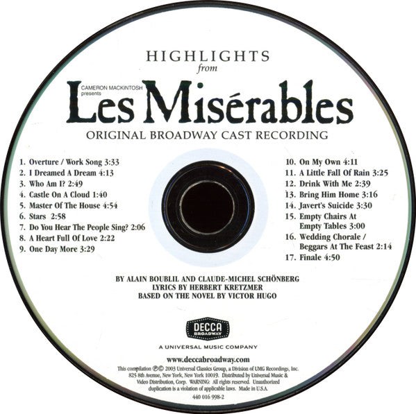 Alain Boublil And Claude-Michel Schönberg : Highlights From Les Misérables (CD, Album, Comp)