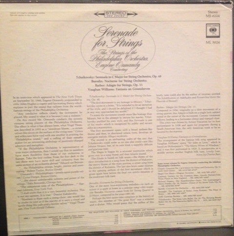 The Strings Of The Philadelphia Orchestra, Eugene Ormandy : Serenade For Strings (LP, Album, RE)