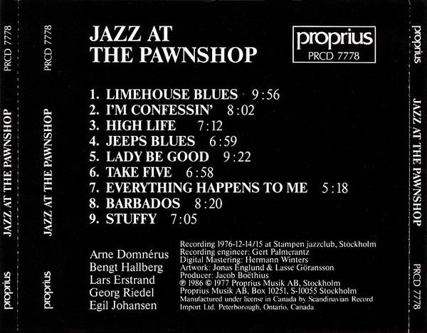 Arne Domnérus, Bengt Hallberg, Georg Riedel, Egil Johansen + Lars Erstrand : Jazz At The Pawnshop (CD, Album, RE)