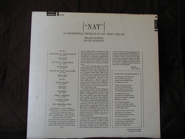 Nelson Riddle : "NAT" An Orchestral Portrait Of Nat King Cole (LP, Album, Tri)
