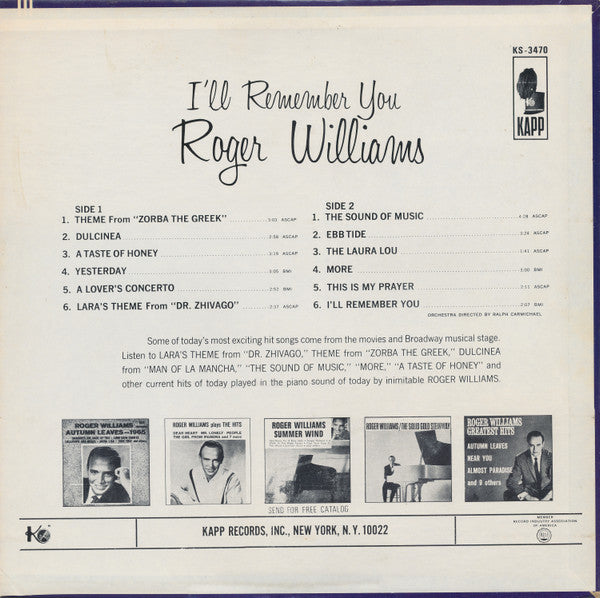 Roger Williams (2) : I'll Remember You (LP, Album, Ind)
