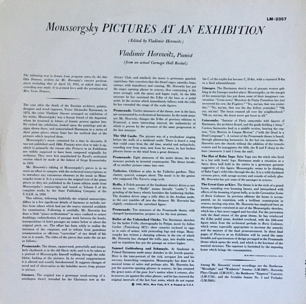 Moussorgsky*, Vladimir Horowitz : Pictures At An Exhibition (LP, Album, Mono, RE)