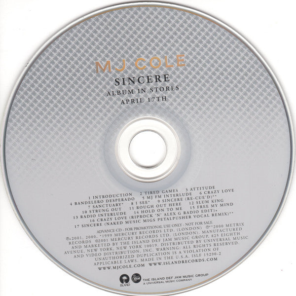 MJ Cole : Sincere (CD, Advance, Album, Promo)