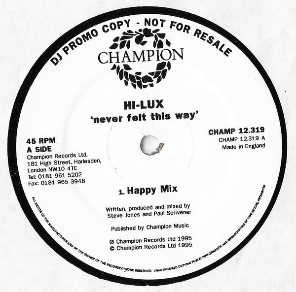 Hi-Lux : Never Felt This Way (12", Promo)